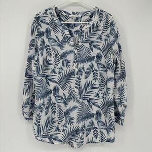 Emily Daniels Womens 1X Blue Tropical Floral Linen Rayon Button Front Tunic Top